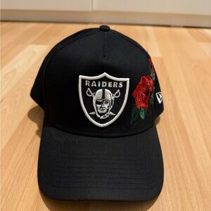 New Era Black Raiders A-frame SnapBack with Red Rose Embroidery